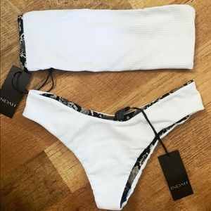 INDAH Toss Rib Top + Lorde Rib Bottom Bikini Swimsuit NWT white/python